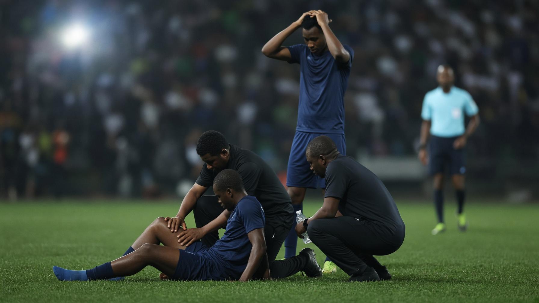 Joueur de football blessé pris en charge sur le terrain