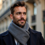 Homme portant une écharpe grise et un manteau bleu