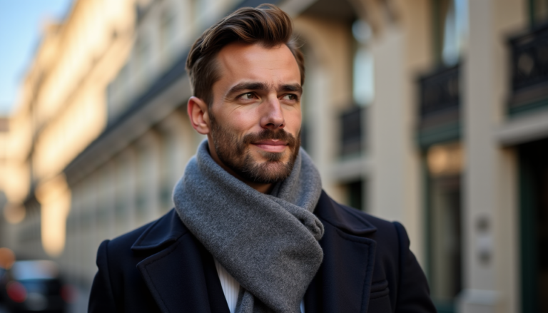 Homme portant une écharpe grise et un manteau bleu