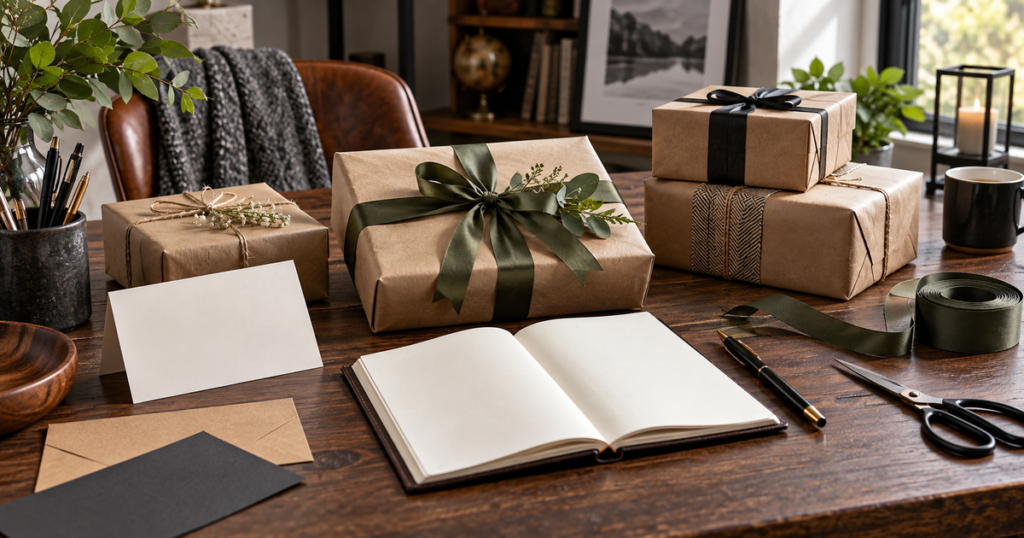 Cadeaux emballés et carnet pour préparer les anniversaires à l’avance
