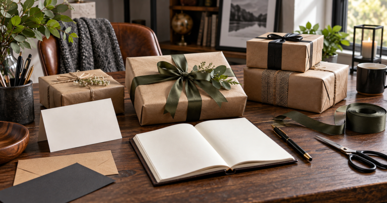 Cadeaux emballés et carnet pour préparer les anniversaires à l’avance
