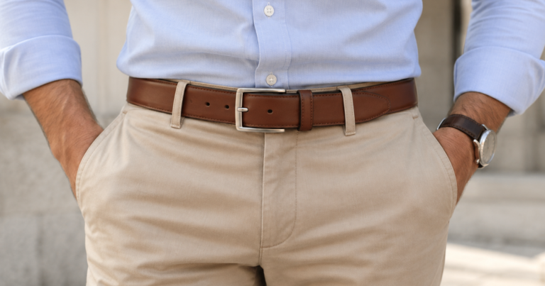 Ceinture en cuir marron portée avec un chino beige et une chemise bleu clair